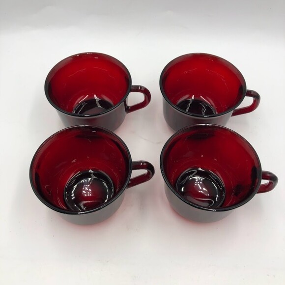 Vintage Ruby Red Glass Set of 4 Mugs Arcoroc France Collectible Glassware - Picture 4 of 12